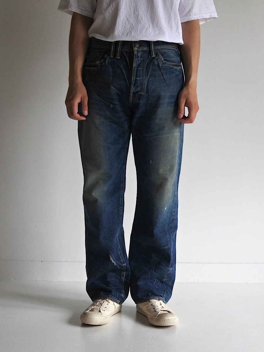 ANR-003 DAMAGED 5POCKET DENIM PANTS INDIGO (HARD WASHED)