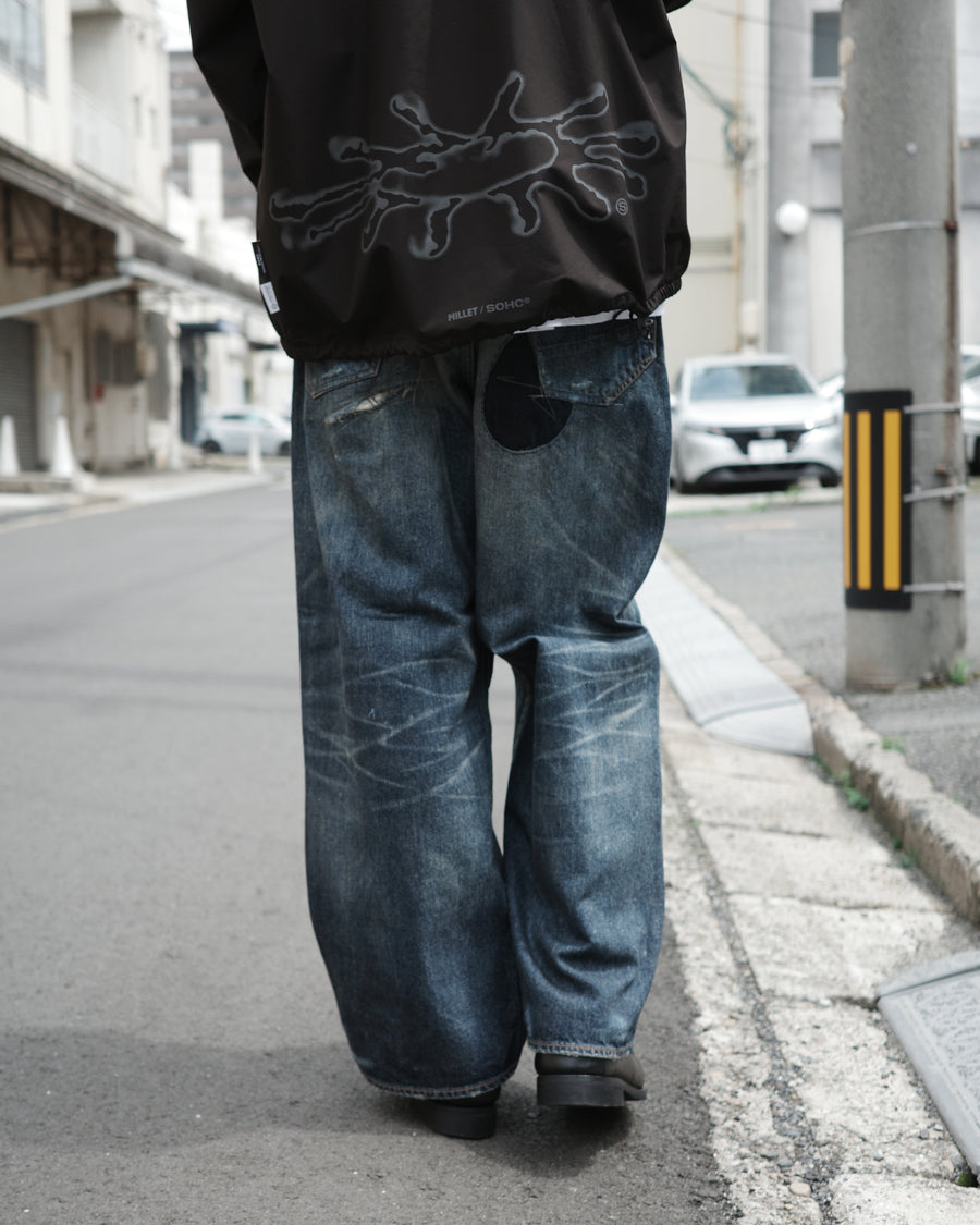 ANACHRONORM リメイク ワイド 5ポケット デニムパンツ インディゴ | 507XX 11.5ozデニム ハードダメージ パッチワーク ワイドシルエット 日本製
