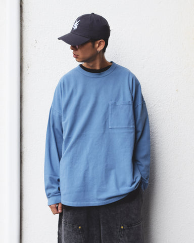 ブルー色の鹿の子生地を硫化染めしたロングスリーブTシャツ