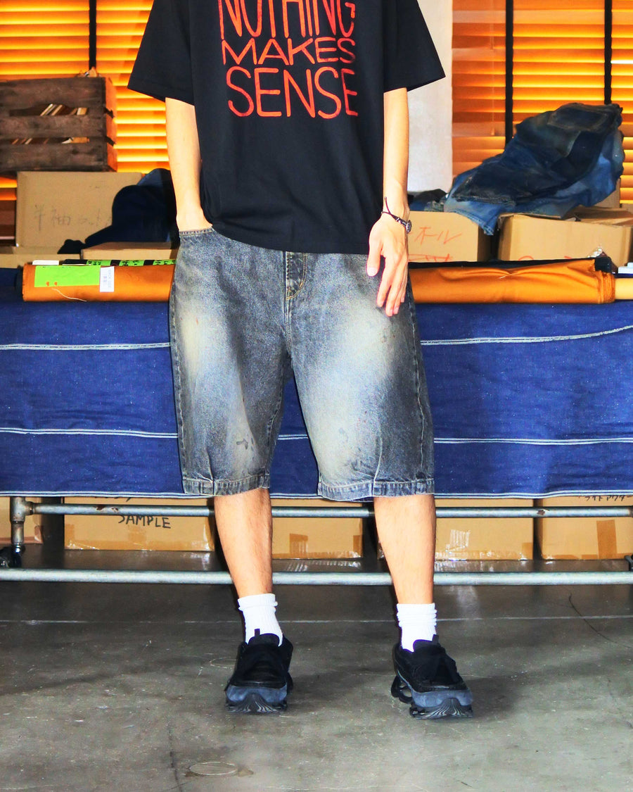 AN359-W 80's 5POCKET DENIM HEM TUCK SHORT PANTS BLACK (AGING)