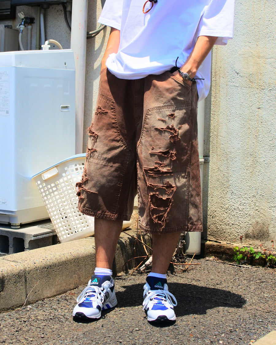 AN355-D DOUBLE KNEE DAMAGED PAINTER SHORT PANTS BROWN