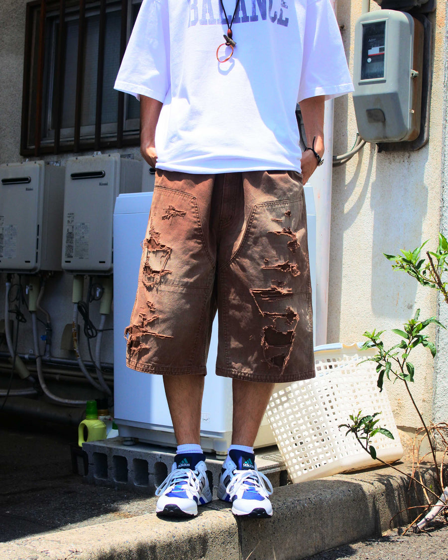 AN355-D DOUBLE KNEE DAMAGED PAINTER SHORT PANTS BROWN