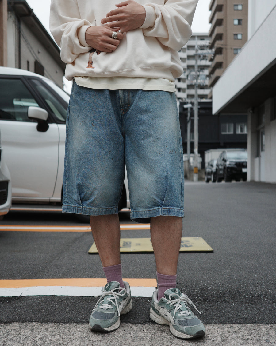 ANACHRONORM 80's 5ポケット デニム ヘムタック ショートパンツ インディゴ エイジング | 14oz ハチマルデニム 空紡糸 裾タック エイジング加工 日本製