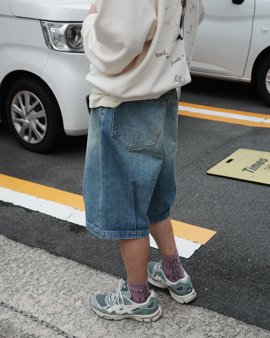 ANACHRONORM 80's 5ポケット デニム ヘムタック ショートパンツ インディゴ エイジング | 14oz ハチマルデニム 空紡糸 裾タック エイジング加工 日本製