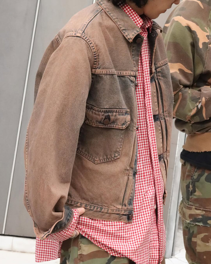 あーこ COLOR DYED FRONT TUCK DENIM JACKET TYPE2 INDIGO×BROWN – ANACHRONORM