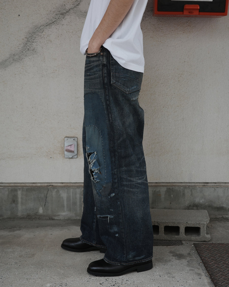 ANACHRONORM リメイク ワイド 5ポケット デニムパンツ インディゴ | 507XX 11.5ozデニム ハードダメージ パッチワーク ワイドシルエット 日本製