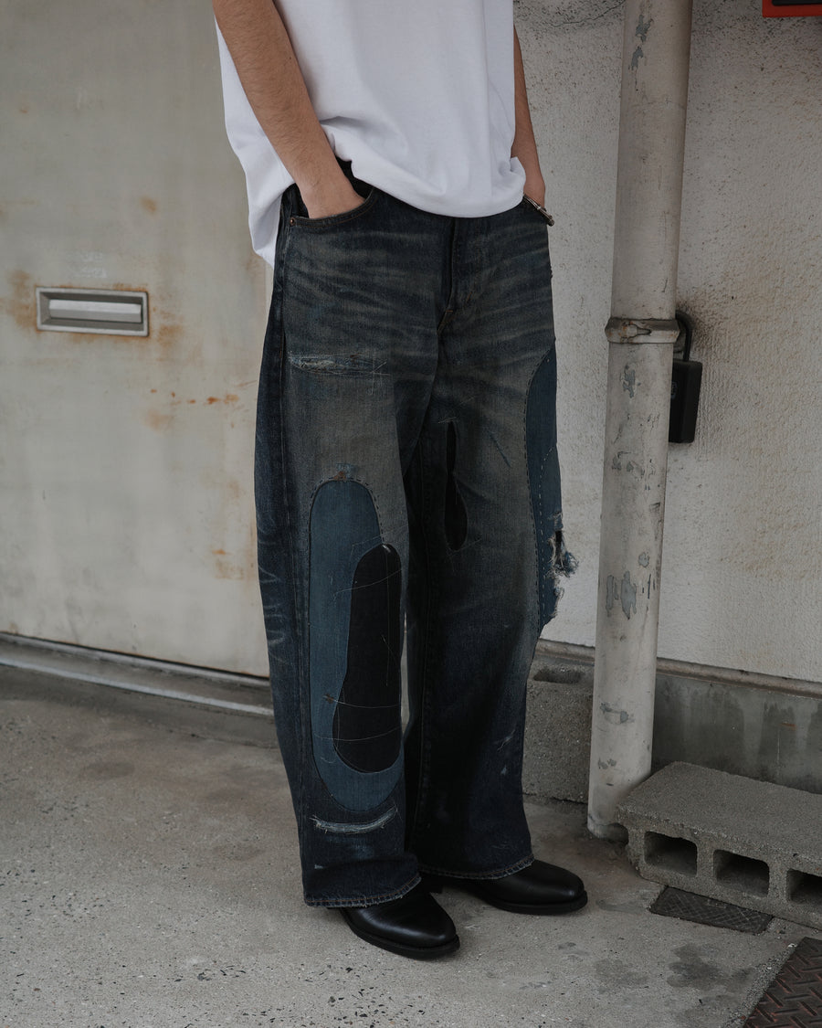 ANACHRONORM リメイク ワイド 5ポケット デニムパンツ インディゴ | 507XX 11.5ozデニム ハードダメージ パッチワーク ワイドシルエット 日本製