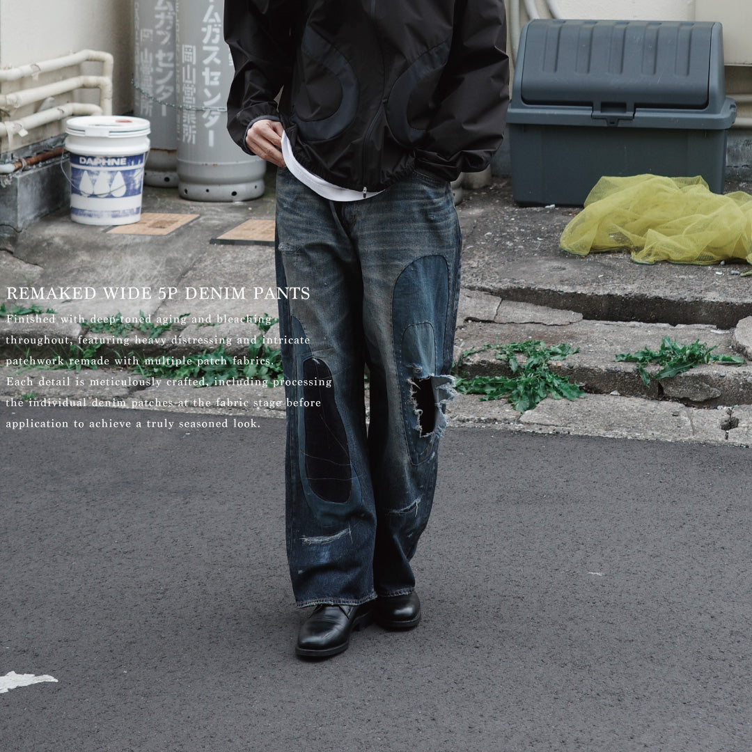ANACHRONORM リメイク ワイド 5ポケット デニムパンツ インディゴ | 507XX 11.5ozデニム ハードダメージ パッチワーク ワイドシルエット 日本製