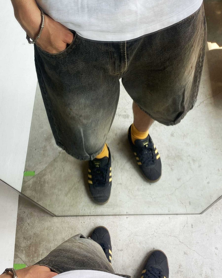 AN359-W 80's 5POCKET DENIM HEM TUCK SHORT PANTS BLACK (AGING)