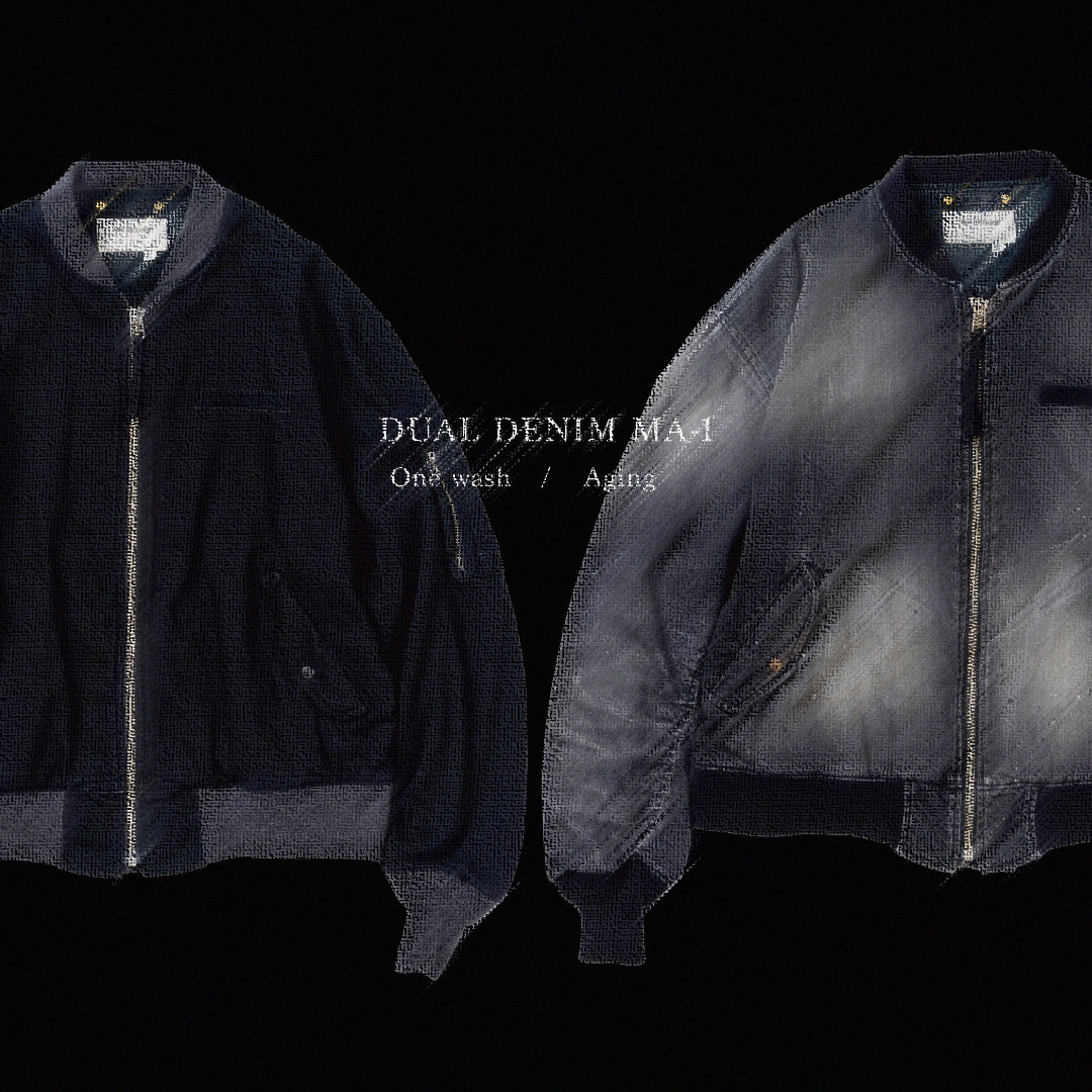 【 商品名：エイジングデュアルデニムMA-1 】本製品は、ブランドのメイン素材であるデニムを使用し、ディティールを忠実に再現しながらシルエットを整えたブラックカラーのMA-1ジャケットです。中綿は入っていませんが、ライトオンスデニムを採用し、二重縫製によって柔らかく程よい肉感のある着心地に仕上げています。生地にはムラ糸を使用した8ozデニムを採用しており、シャープなムラ形状と粗野な風合いがより一層ヴィンテージ感を引き立てます。さらに加工には、全体にリアルなアタリ感を与えるエイジング加工を施し、深みのある表情を持たせています。