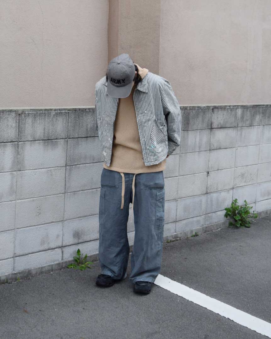 ANACHRONORM リネン ワイド ベイカー 6Pパンツ ブルーグレー染め | 綿麻混紡 顔料染め カーゴポケット タイベック 経年変化 一点一点 日本製