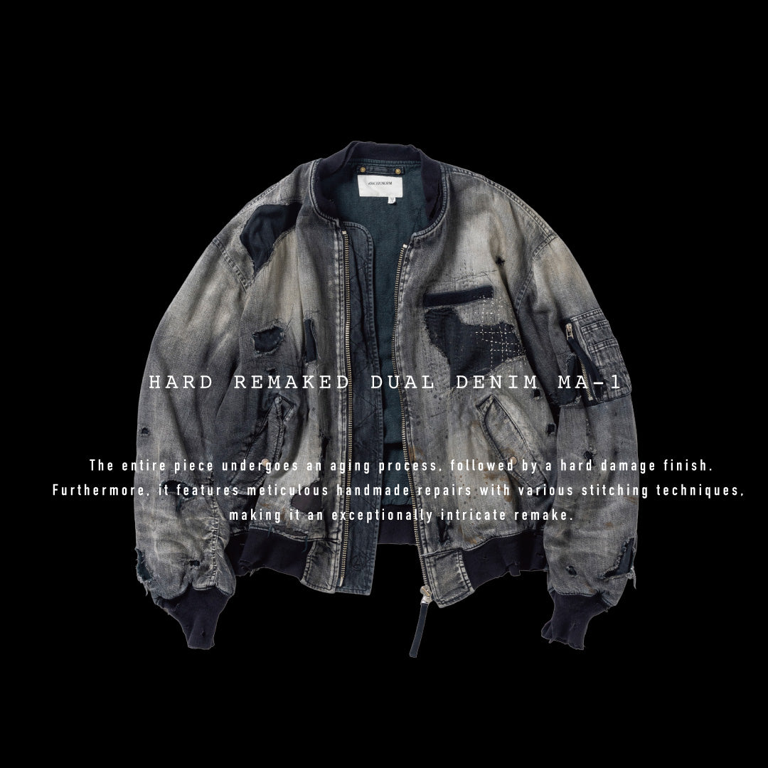 ブランドを象徴するデニムで構築した、MA-1ベースのリメイクジャケット。ライトオンスデニムを二重縫製することで、柔らかさと程よい肉感を実現しています。8ozムラ糸デニムがもつ粗野な表情が、強いヴィンテージ感を演出。全体にエイジングを施したうえで、ハードダメージ加工で仕上げた一着。さらに手作業による多様なステッチ補修を重ね、唯一無二の表情に仕上げています。Crafted from the brand’s signature denim, this MA-1–inspired jacket features a refined and faithful silhouette.Lightweight denim with double stitching creates a soft feel and balanced structure.The 8oz slub denim offers a rugged character that enhances its vintage appeal.An overall aging treatment is followed by a hard damage finis