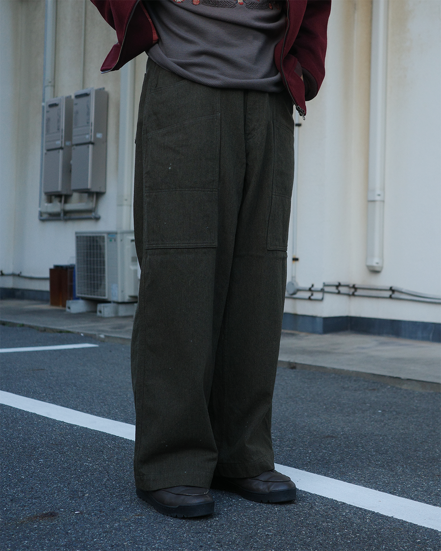 ANACHRONORM ウール ペインターパンツ オリーブ | ミリタリーウール 経糸紡毛糸×緯糸コットン ツイル リサイクルウール 無加工 経年変化 日本製