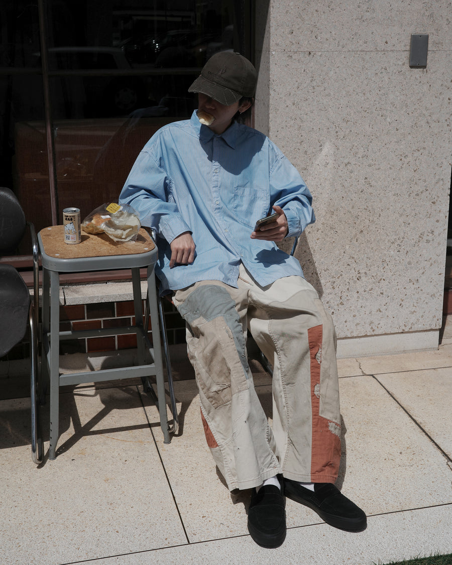 ANACHRONORM リメイク ミックスパネル ワイドイージーパンツ ベージュ | ハンドステッチ パッチワーク コットン リネン 日本製