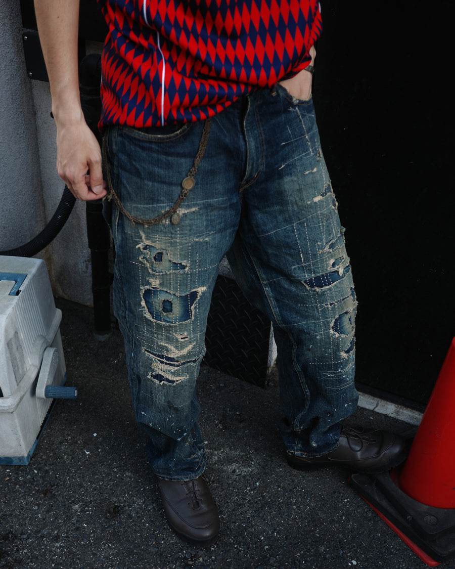 ANACHRONORM ハードリメイク レギュラーテーパード 5Pパンツ インディゴ | 12.5oz デニム ハードダメージ パッチワーク ブリーチ 一点一点 日本製