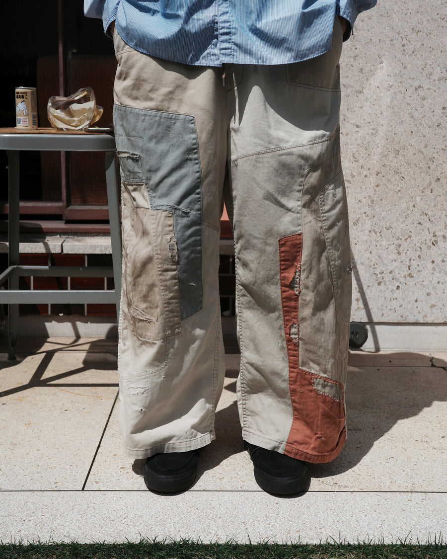ANACHRONORM リメイク ミックスパネル ワイドイージーパンツ ベージュ | ハンドステッチ パッチワーク コットン リネン 日本製
