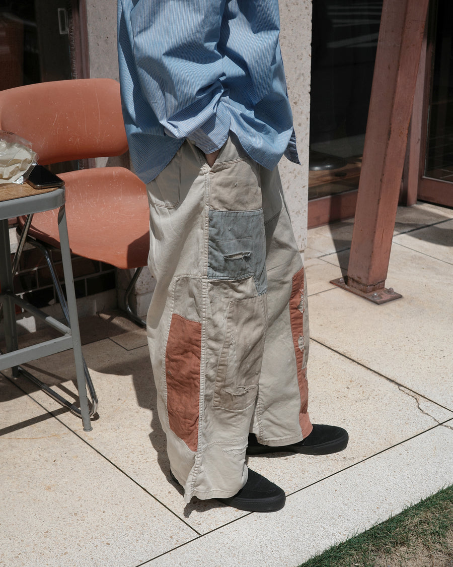 ANACHRONORM リメイク ミックスパネル ワイドイージーパンツ ベージュ | ハンドステッチ パッチワーク コットン リネン 日本製