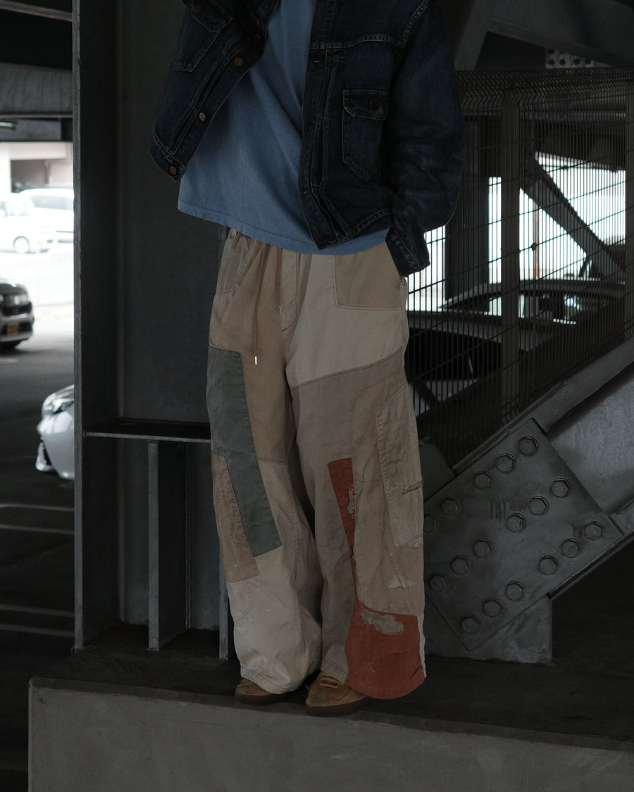 ANACHRONORM リメイク ミックスパネル ワイドイージーパンツ ベージュ | ハンドステッチ パッチワーク コットン リネン 日本製