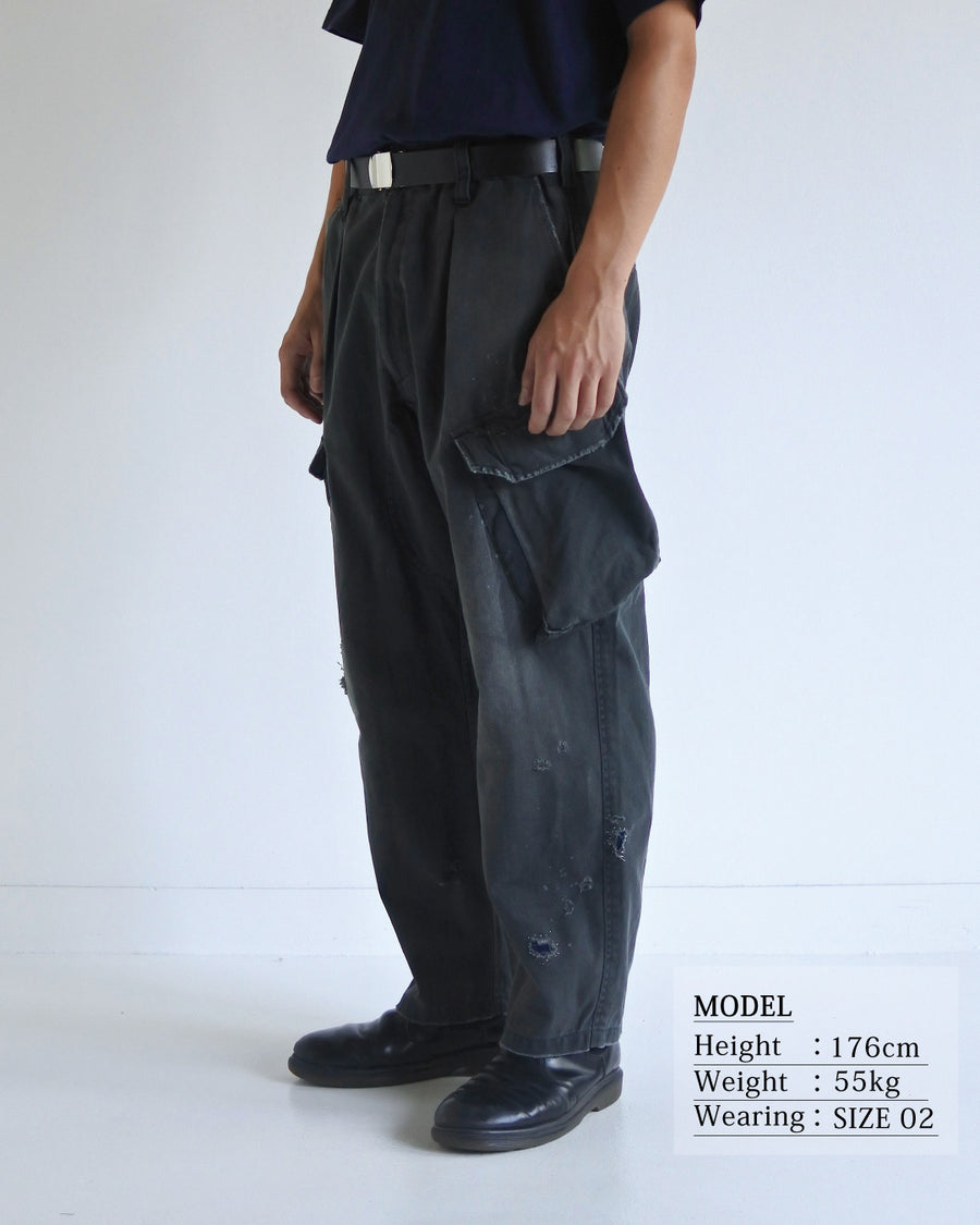 ミリタリートラウザーズを現代的にリファイン。斜めのカーゴポケットが実用的なアクセントを添え、洗練されたテーパードラインが際立ちます。素材には肌馴染みの良い10sヘリンボンを採用。環境に配慮した特殊エイジング・サンフェード加工と随所のリメイクにより、リアリティのある褪色感とヴィンテージな佇まいを表現しました。

Modernized military trousers with a refined tapered fit and slanted cargo pockets. Crafted from soft 10s herringbone, this BLACKA pair features special sun-fading and remake details. It achieves an authentic, time-worn vintage character while utilizing eco-conscious processing to minimize environmental impact.
