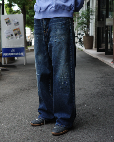 ANACHRONORM リメイク ワイド 5ポケット デニムパンツ ダークインディゴ | コンパクトデニム 6番手 セミワイド 鉄製金具 経年変化 リメイク 一点一点 日本製