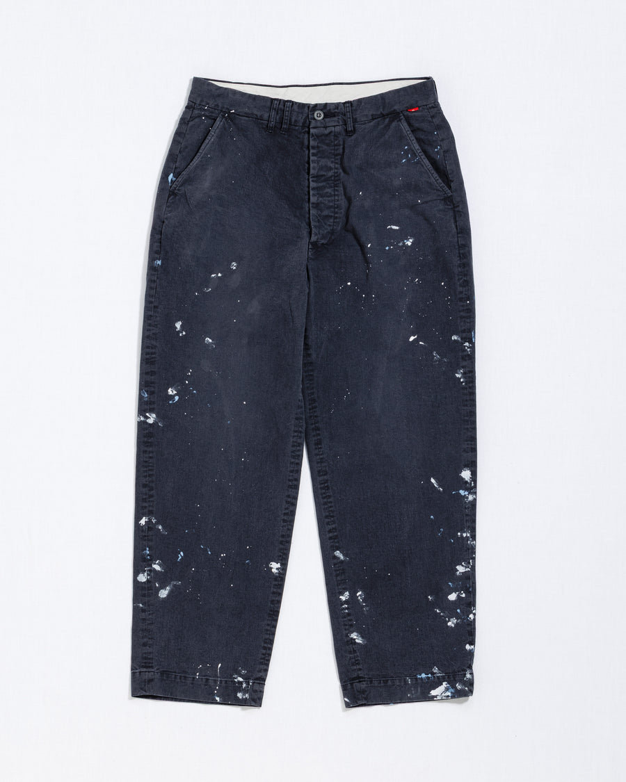 ANACHRONORM × SOULGOODS ペイント チノ トラウザーズ ネイビー | 硫化染めチノ 8.5oz ハンドペイント タイガーヘッドパッチ ワイドシルエット 職人手作業 一点一点 日本製