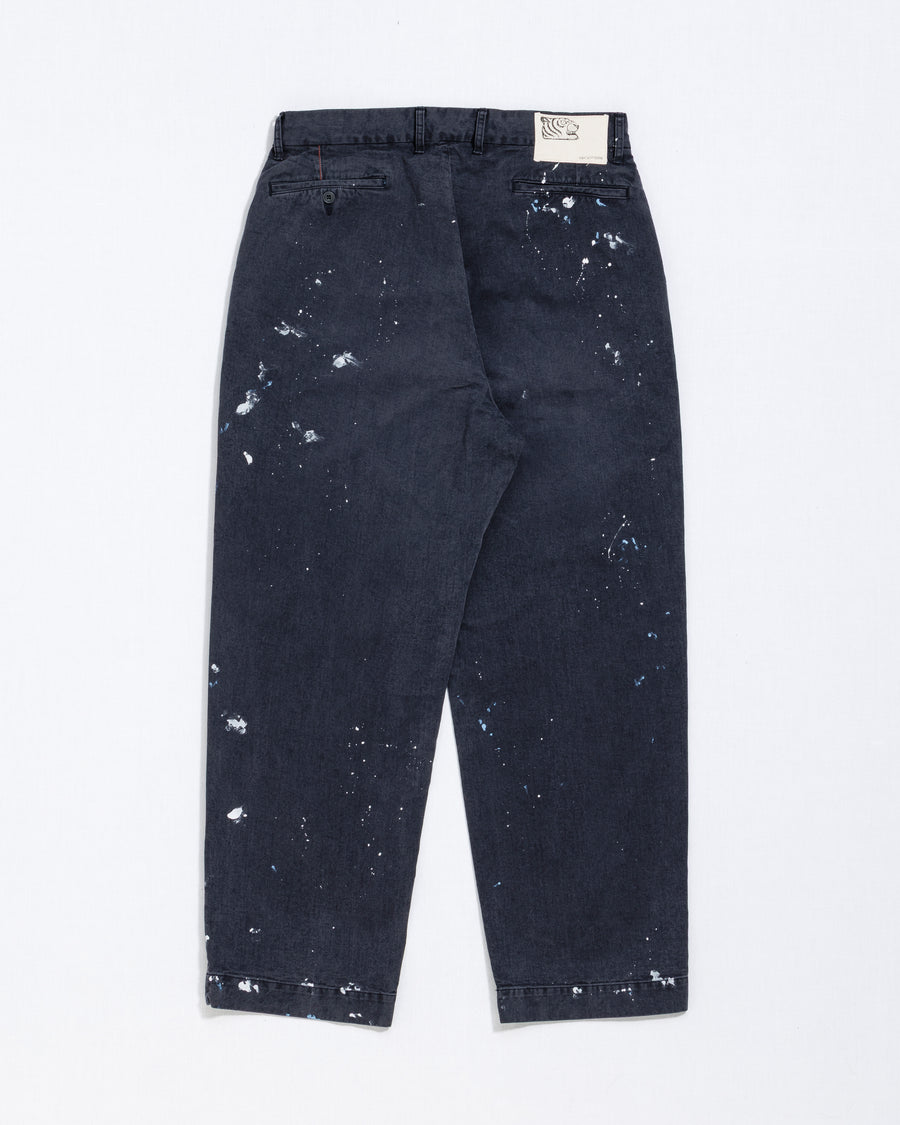 ANACHRONORM × SOULGOODS ペイント チノ トラウザーズ ネイビー | 硫化染めチノ 8.5oz ハンドペイント タイガーヘッドパッチ ワイドシルエット 職人手作業 一点一点 日本製