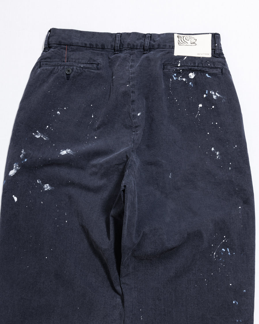 ANACHRONORM × SOULGOODS ペイント チノ トラウザーズ ネイビー | 硫化染めチノ 8.5oz ハンドペイント タイガーヘッドパッチ ワイドシルエット 職人手作業 一点一点 日本製