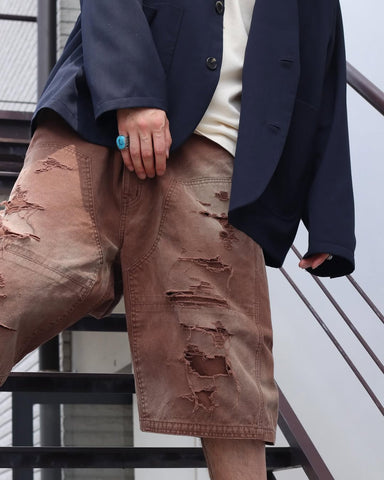 AN355-D DOUBLE KNEE DAMAGED PAINTER SHORT PANTS BROWN