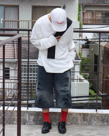 AN355-D DOUBLE KNEE DAMAGED PAINTER SHORT PANTS BLACK