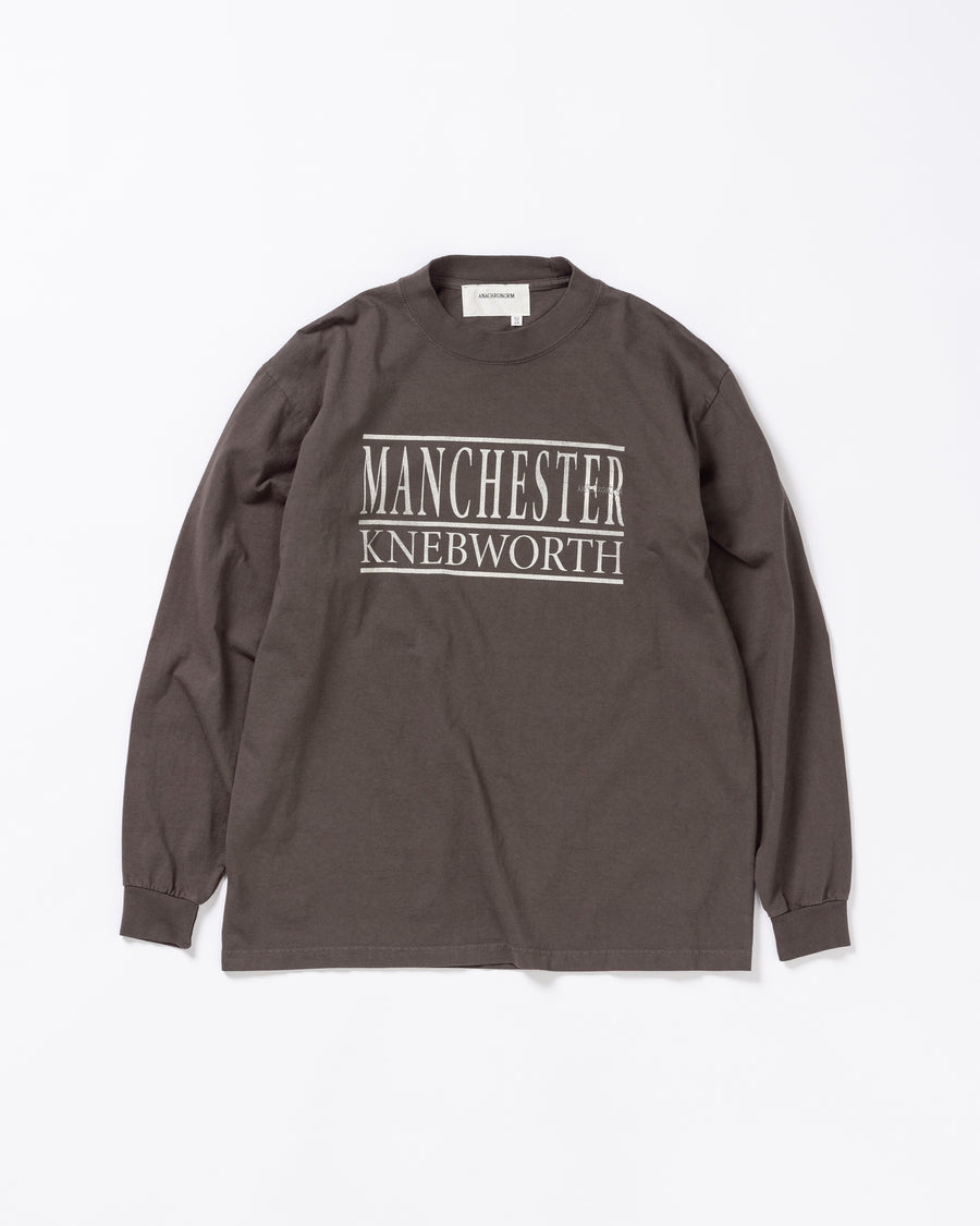 "マンチェスター" "ネブワース"カルチャーの発信源の地をスーベニア風にプリントデザインしモカ色に顔料染めしたロンT