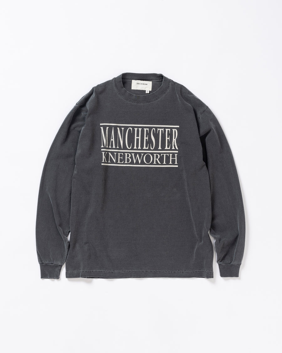 "マンチェスター" "ネブワース"カルチャーの発信源の地をスーベニア風にプリントデザインしブラックに顔料染めしたロンT