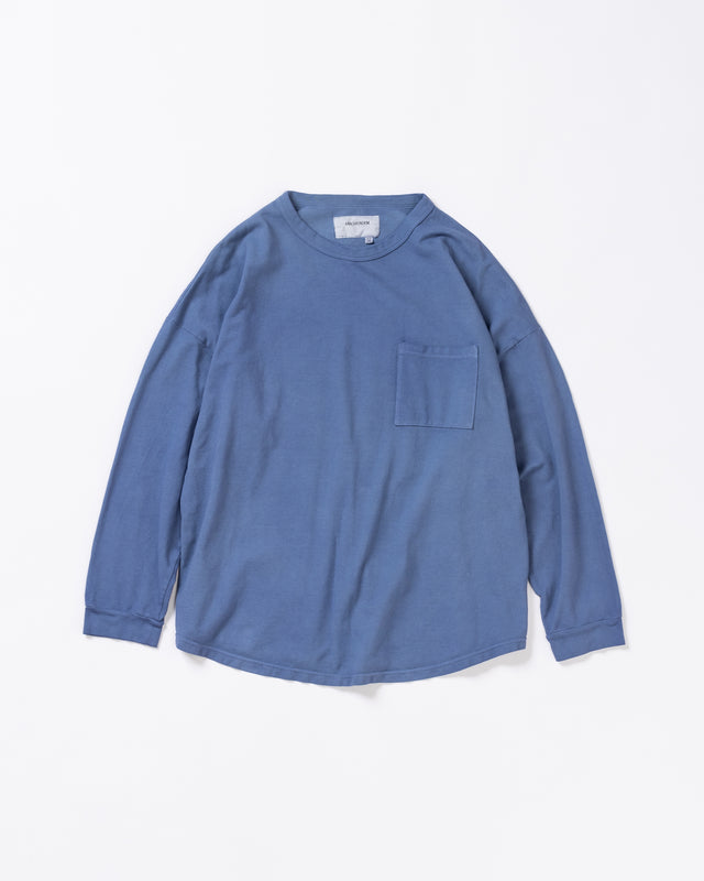 ブルー色の鹿の子生地を硫化染めしたロングスリーブTシャツ