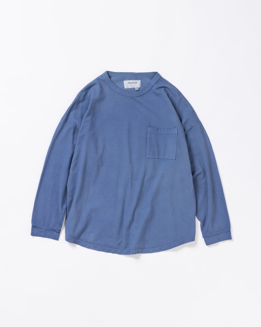 ブルー色の鹿の子生地を硫化染めしたロングスリーブTシャツ