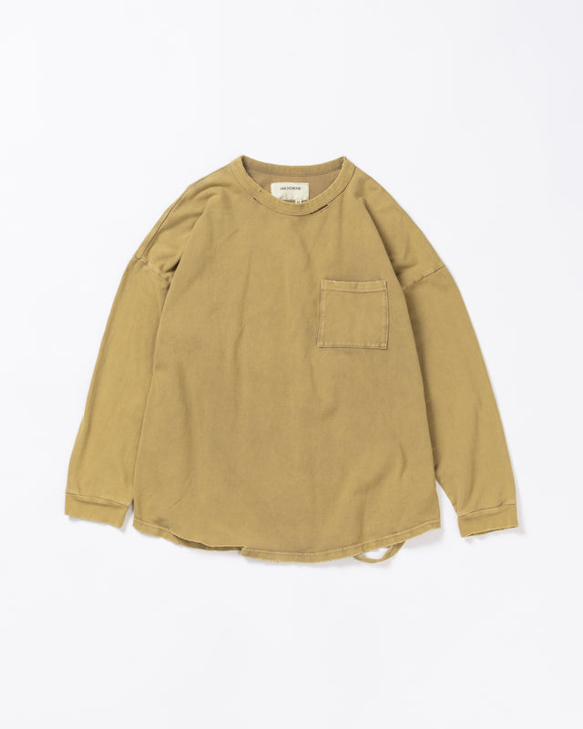 鹿の子生地を使用し硫化染サスティナブルブリーチ加工しダメージを加えたライトブラウン色のロングスリーブTシャツ