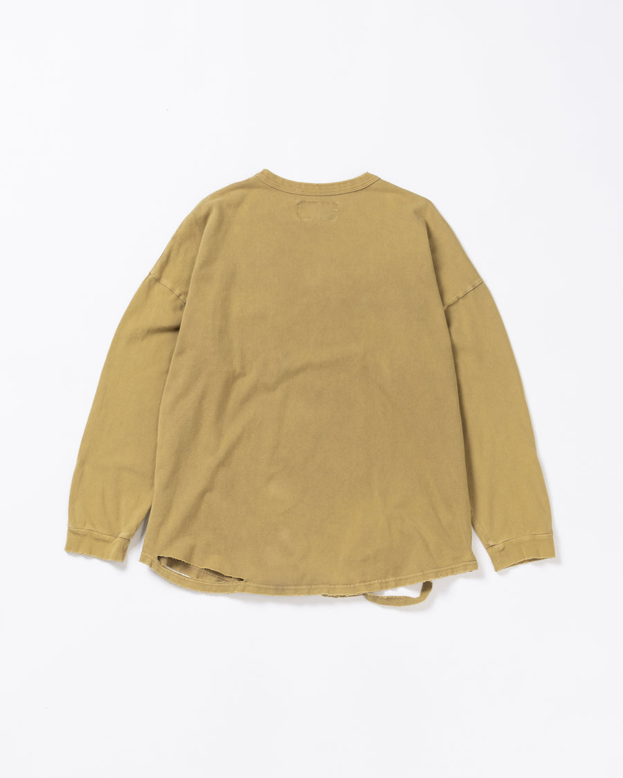 鹿の子生地を使用し硫化染サスティナブルブリーチ加工しダメージを加えたライトブラウン色のロングスリーブTシャツ