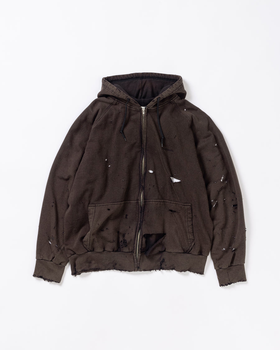 黒色のサーマルスェット生地のハードダメージスウェットパーカー