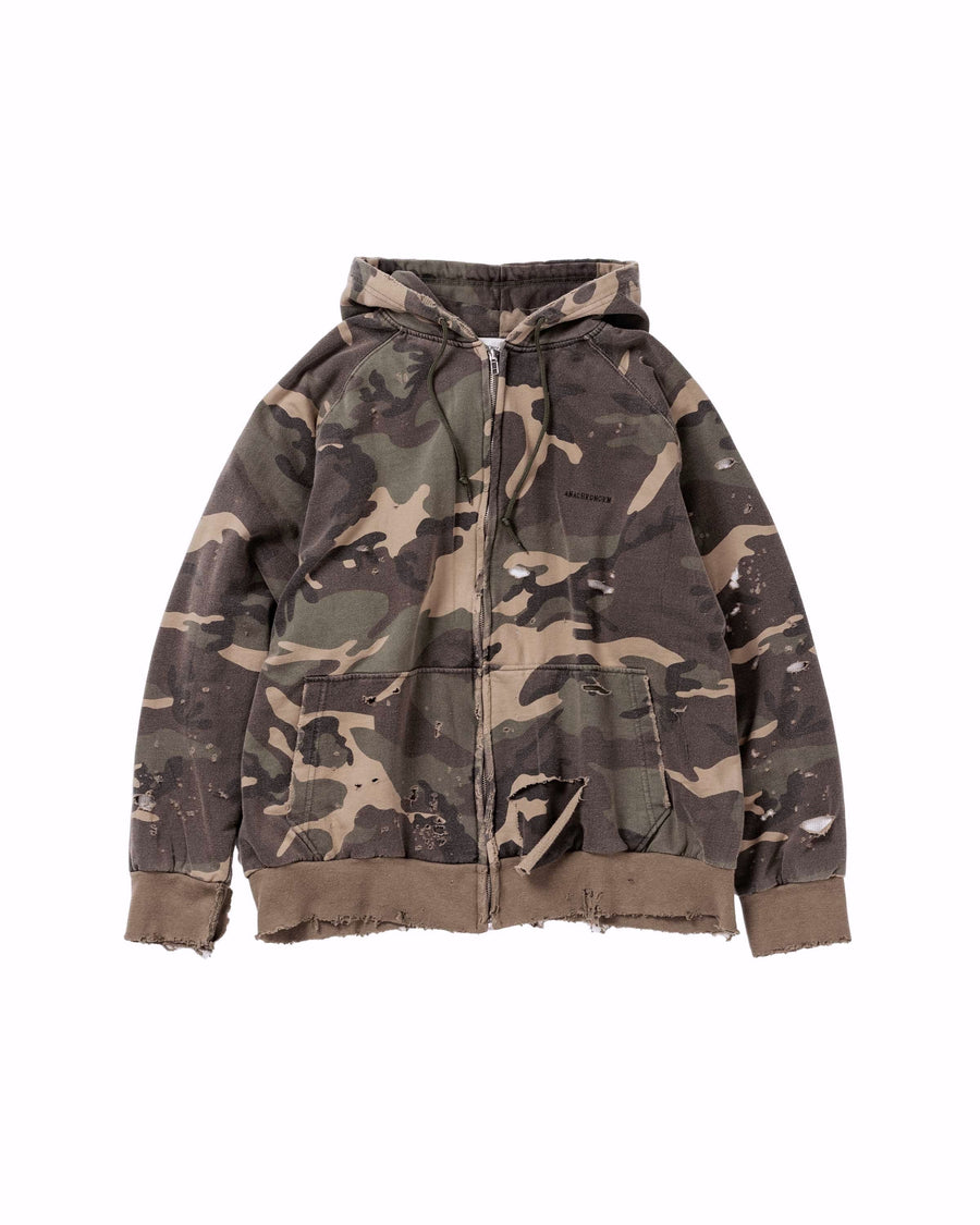 裏毛に保温性を兼ね備えたサーマル地を合わせた迷彩柄のフルジップパーカー