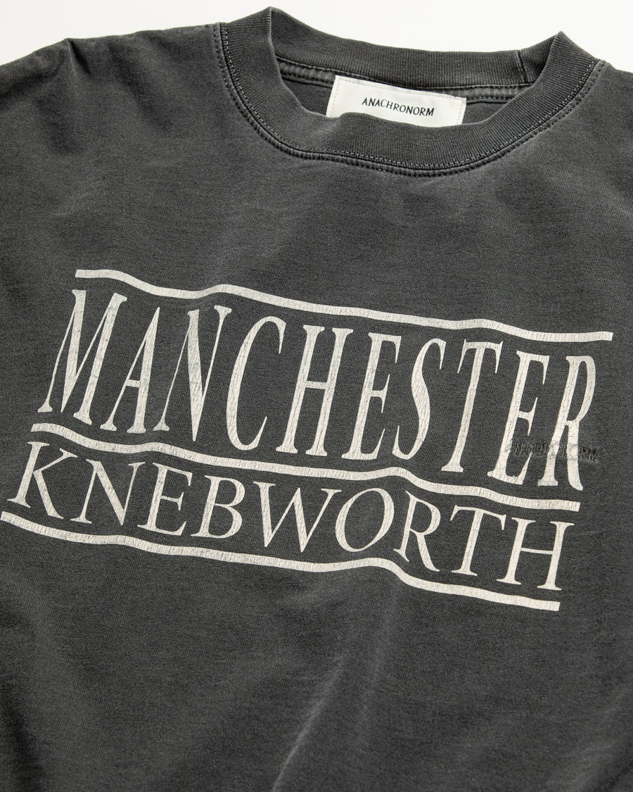 "マンチェスター" "ネブワース"カルチャーの発信源の地をスーベニア風にプリントデザインしブラックに顔料染めしたロンT