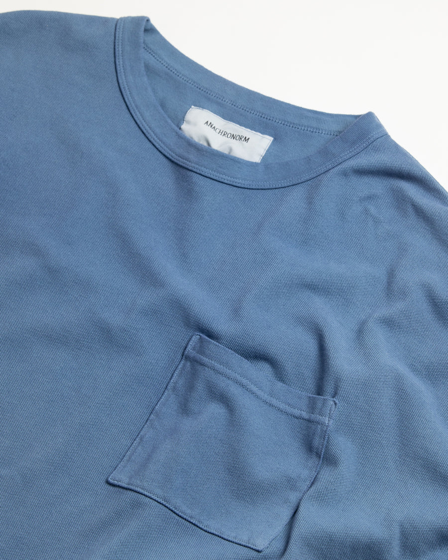 ブルー色の鹿の子生地を硫化染めしたロングスリーブTシャツ