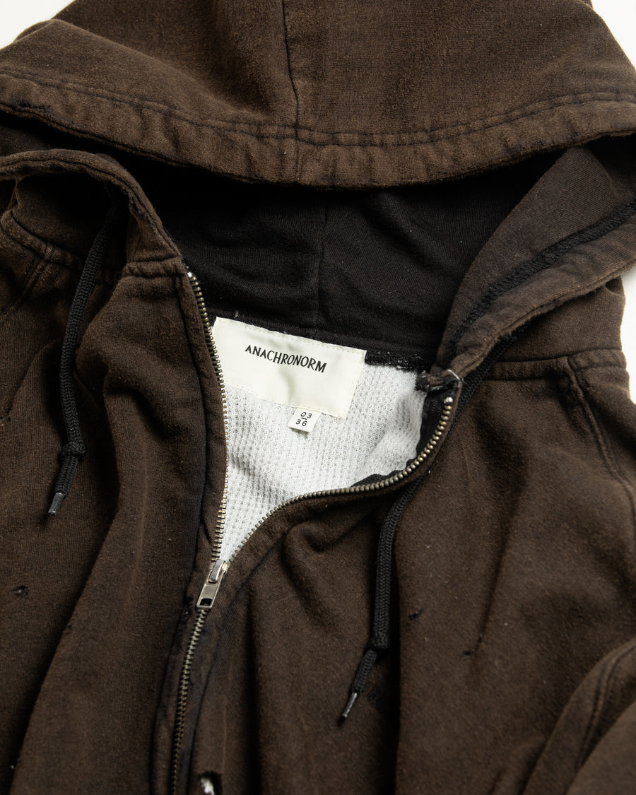 黒色のサーマルスェット生地のハードダメージスウェットパーカー