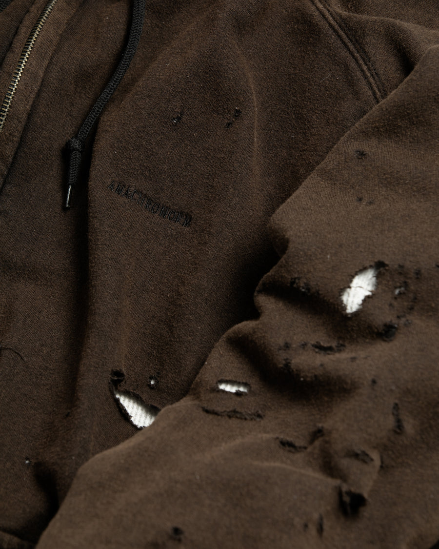 黒色のサーマルスェット生地のハードダメージスウェットパーカー