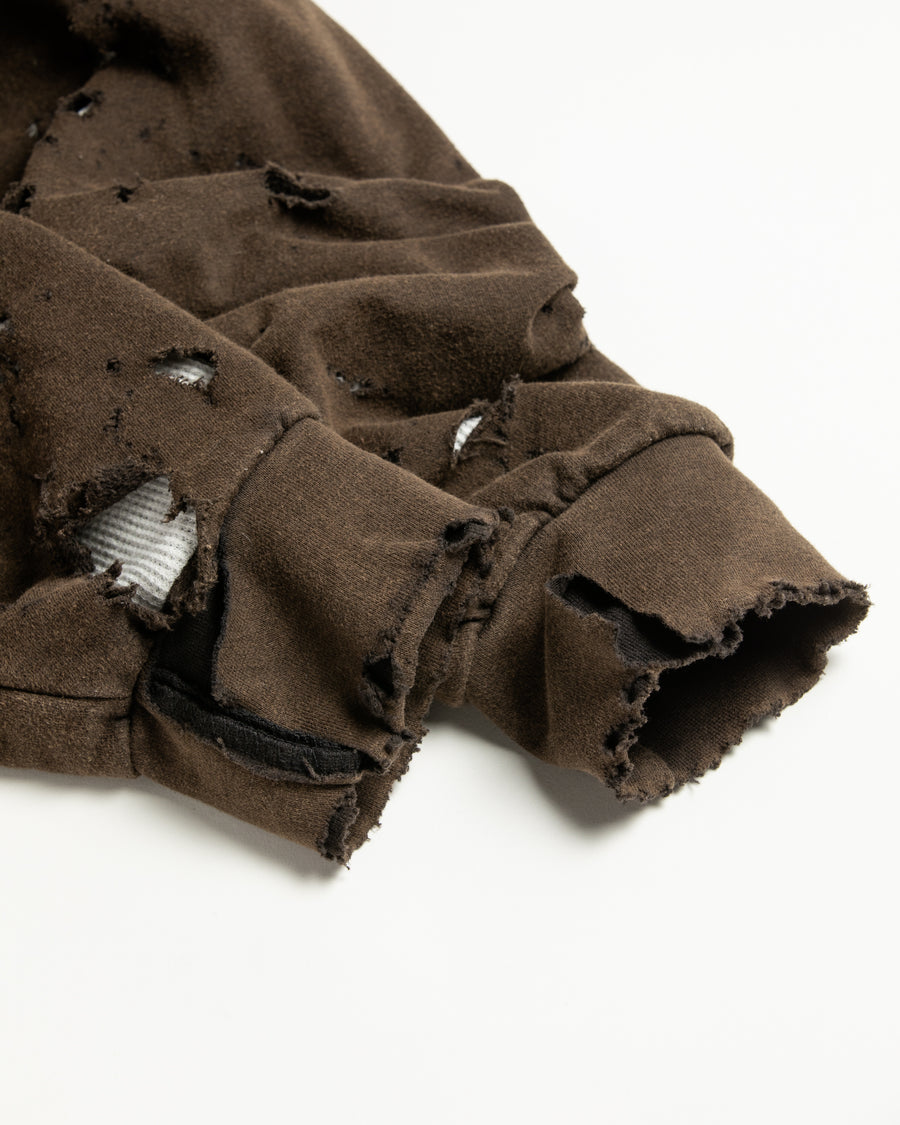 黒色のサーマルスェット生地のハードダメージスウェットパーカー