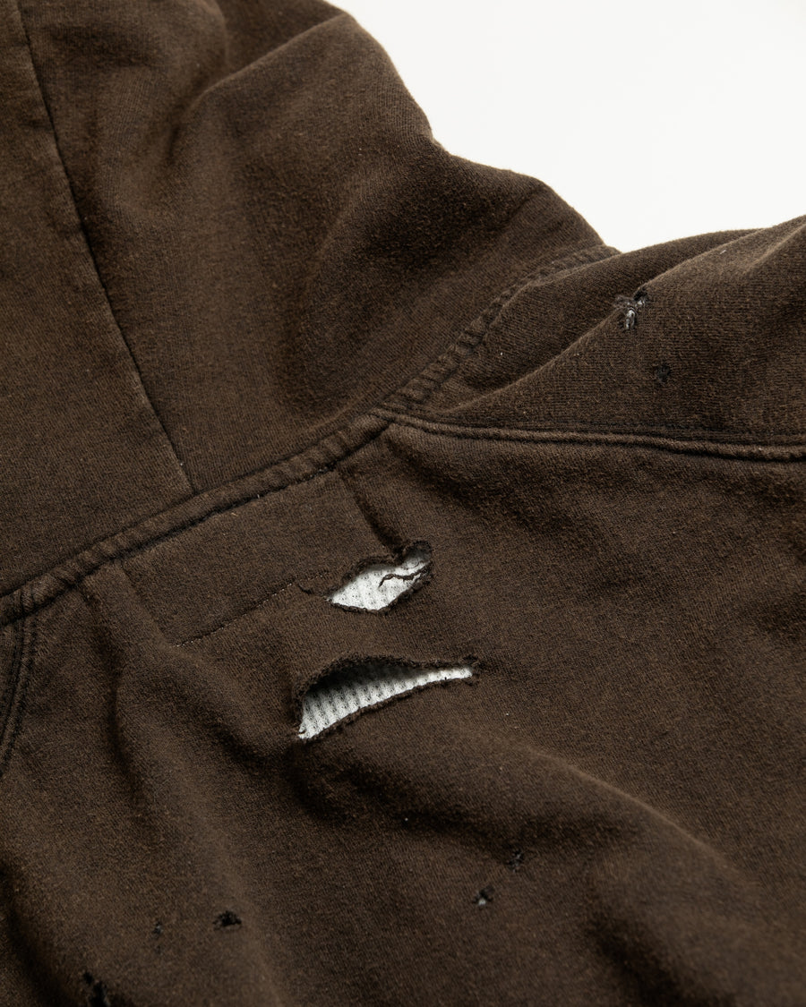 黒色のサーマルスェット生地のハードダメージスウェットパーカー