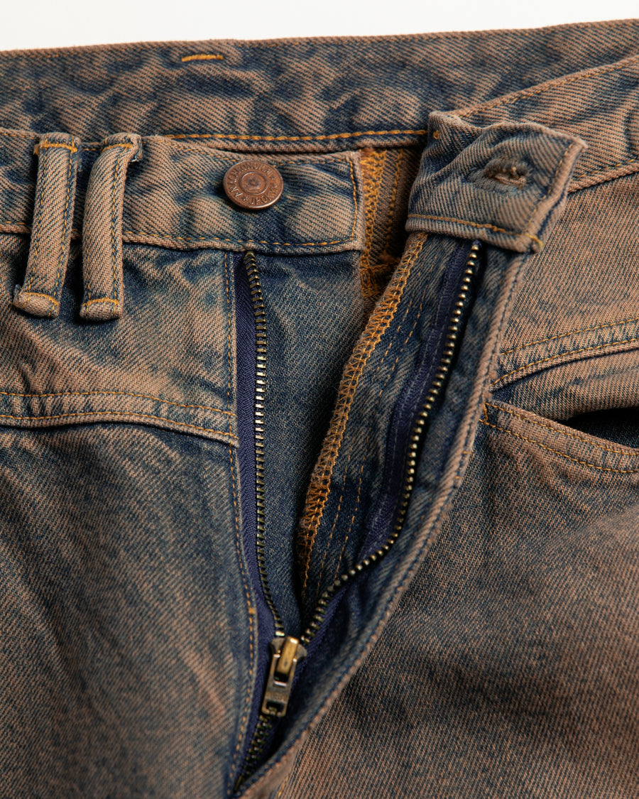 INDIGO×BROWN色に風合いよく仕上げたフロントヨークデニムパンツ