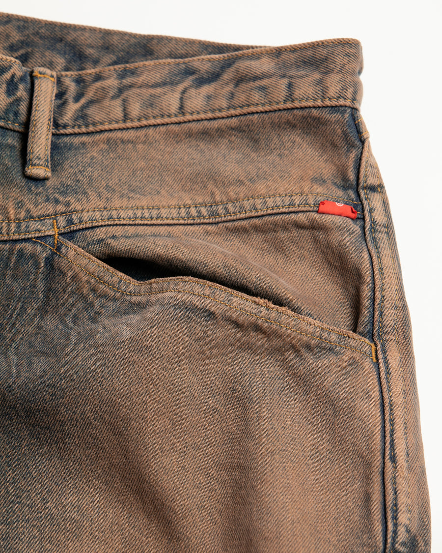 INDIGO×BROWN色に風合いよく仕上げたフロントヨークデニムパンツ