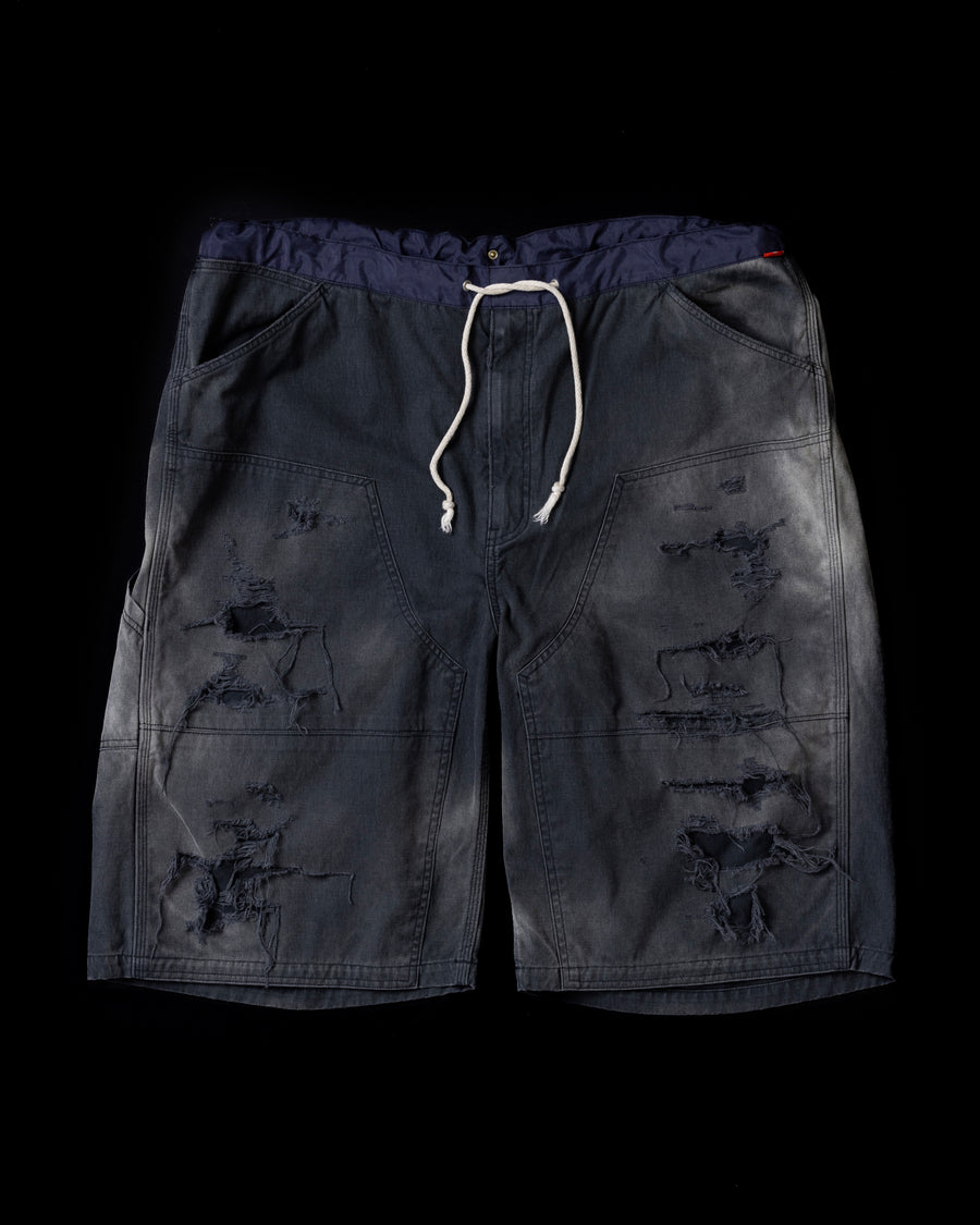 AN355-D DOUBLE KNEE DAMAGED PAINTER SHORT PANTS BLACK