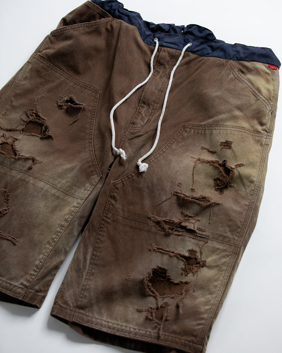 AN355-D DOUBLE KNEE DAMAGED PAINTER SHORT PANTS BROWN