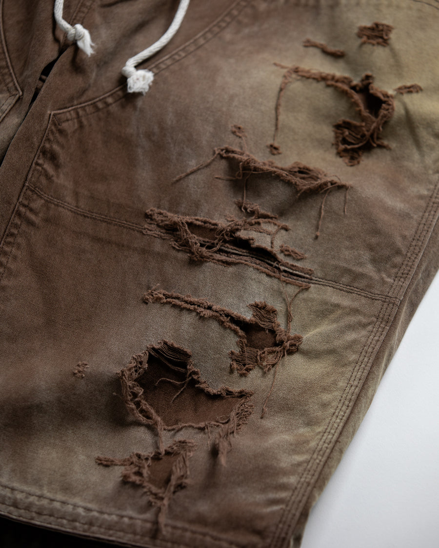 AN355-D DOUBLE KNEE DAMAGED PAINTER SHORT PANTS BROWN