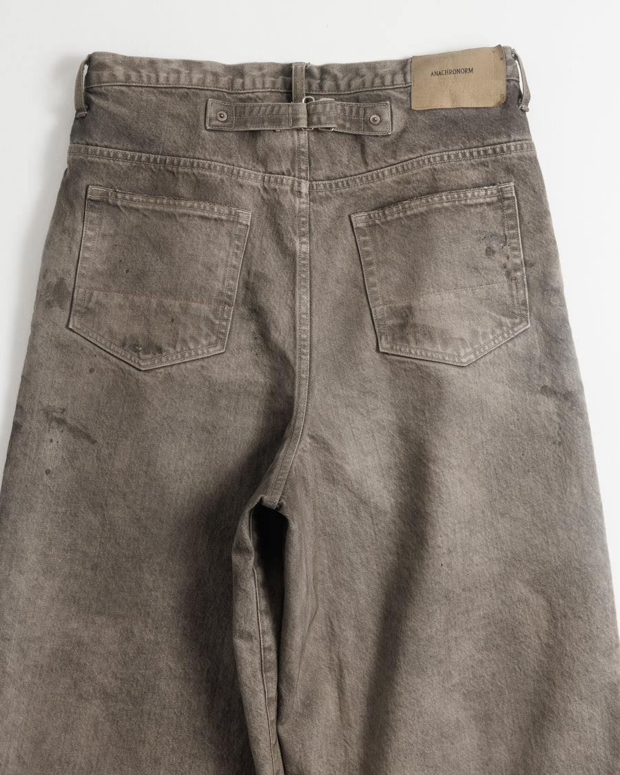 ANACHRONORM リメイク タック ワイド デニムパンツ ブラウン | 硫化デニム 経糸硫化ロープ染色 ナチュラルムラ ダメージ加工 リメイク アイアンパーツ 経年変化 日本製