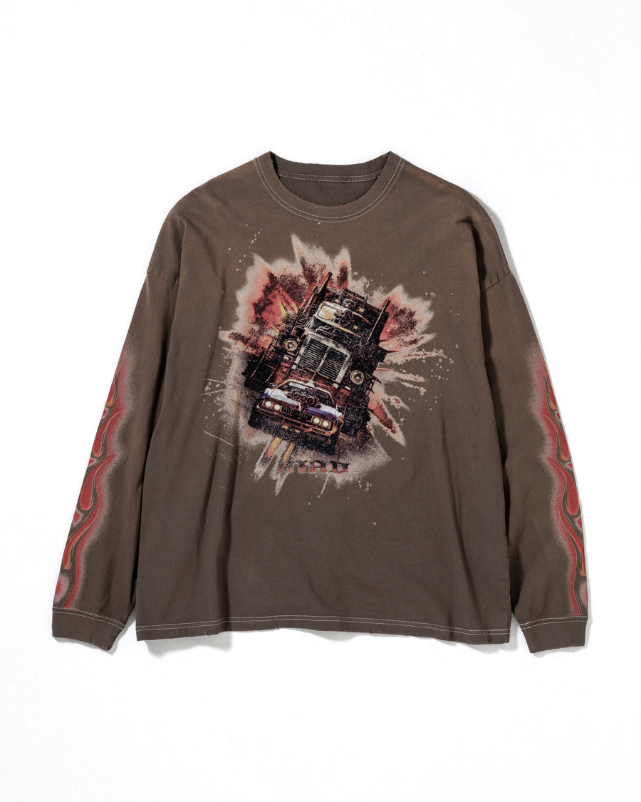 ANACHRONORM フレームスリーブ グラフィック ロングスリーブTシャツ ダスティブラウン | 5.6ozコーマ天竺 アメリカンカルチャーモチーフ 特殊染色 変色加工 一点一点